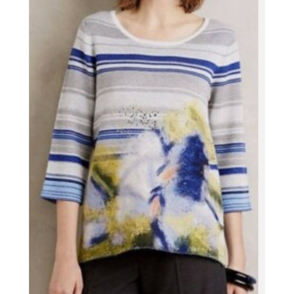 Anthropologie Troubadour ‎ Artsy Felted Stripe Sweater Floral Small